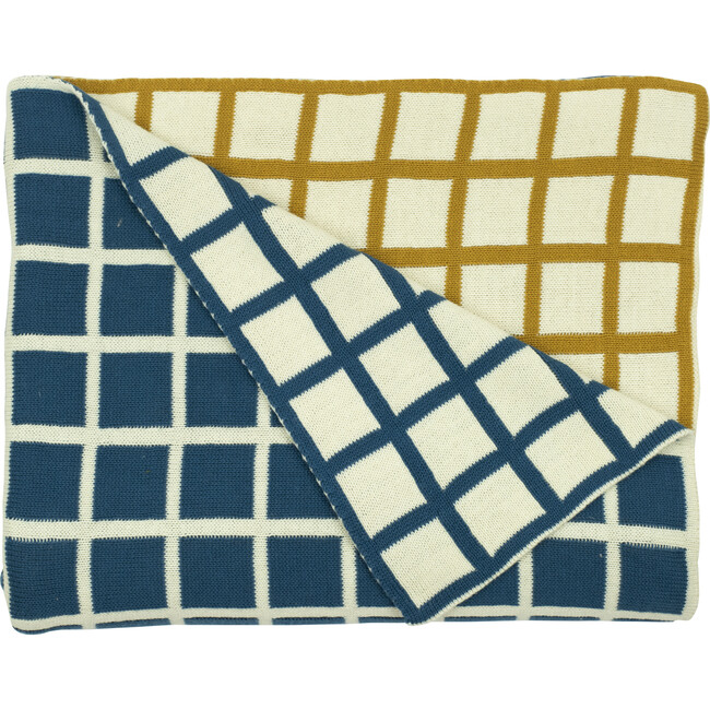 Sveda Reversible Squares Throw, Mustard/Blue