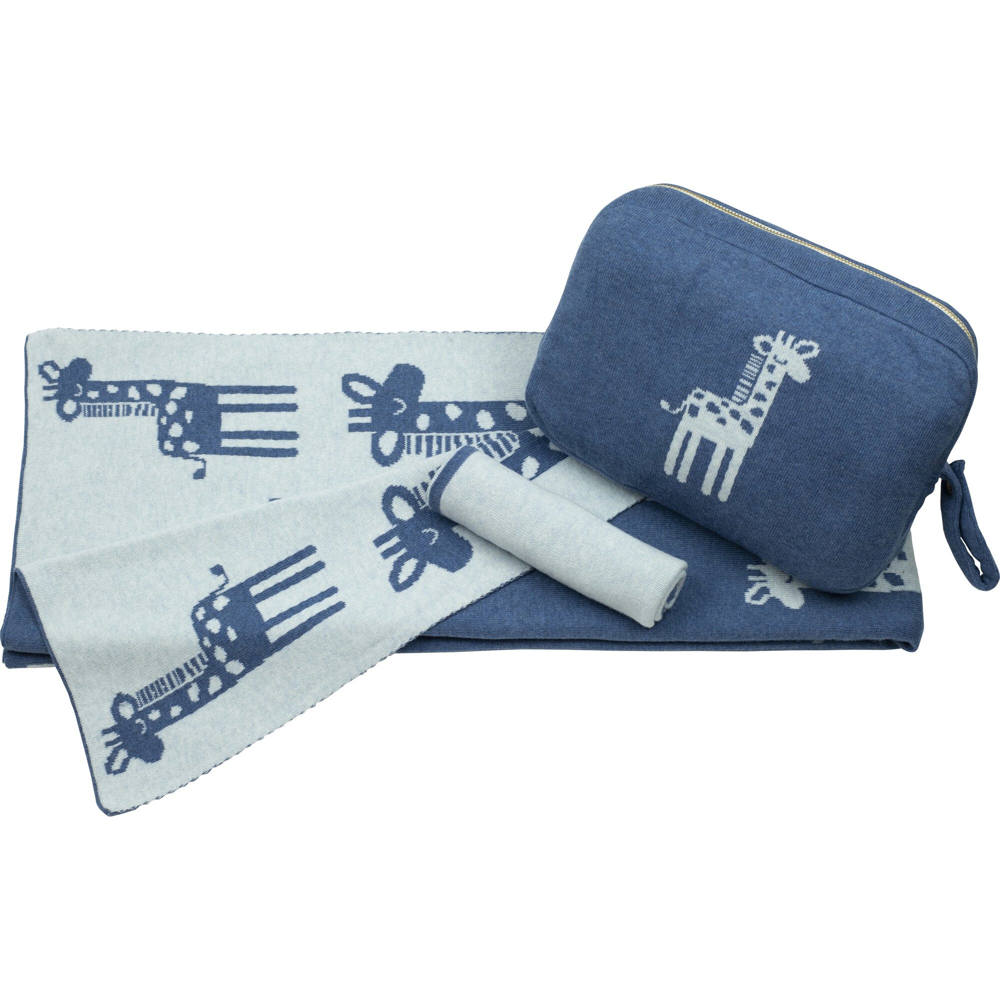 Giraffe Reversible Baby Blanket Set, Marine/Sky Blue - Blankets - 1