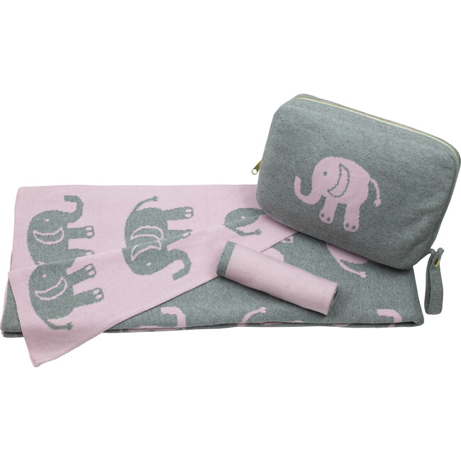 Elephant Love Baby Blanket Set, Pink/Grey