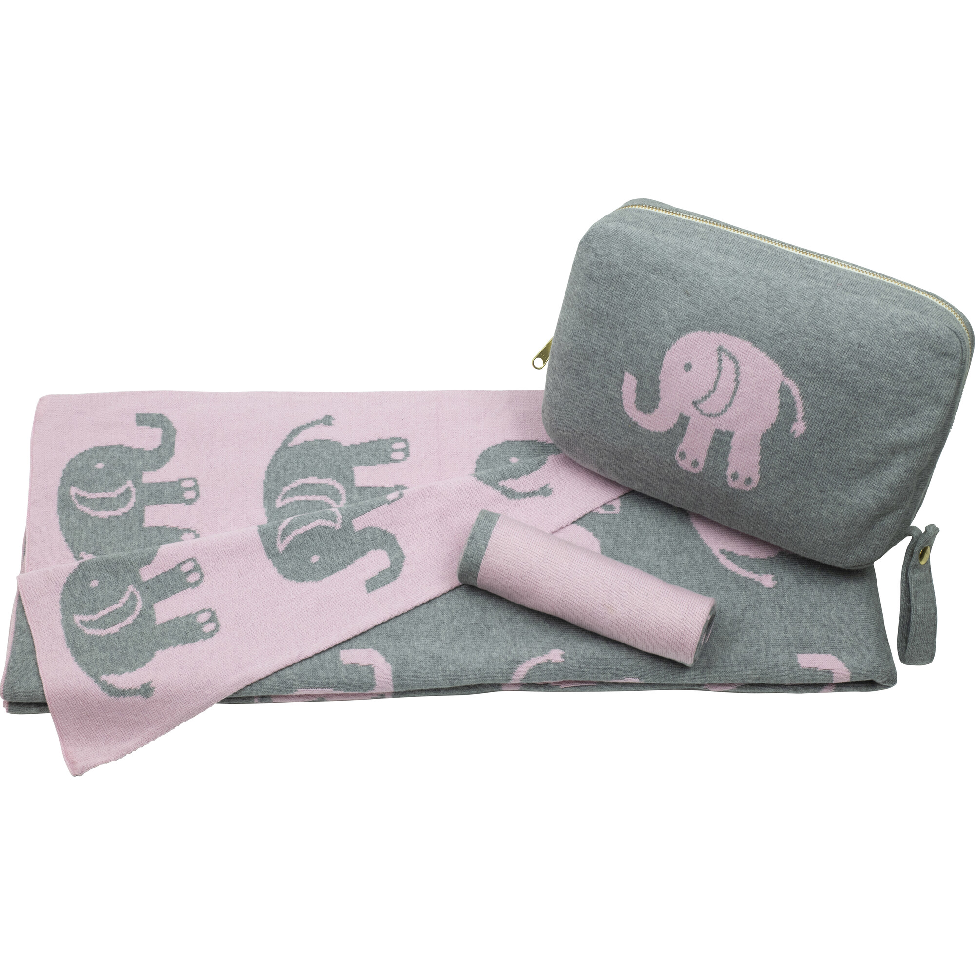 Elephant Love Baby Blanket Set, Pink/Grey - Blankets - 1