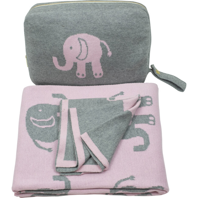 Elephant Love Baby Blanket Set, Pink/Grey - Blankets - 2