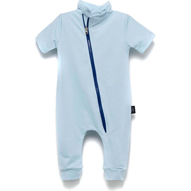Diagonal Zip Bodysuit, Blue - Onesies - 1