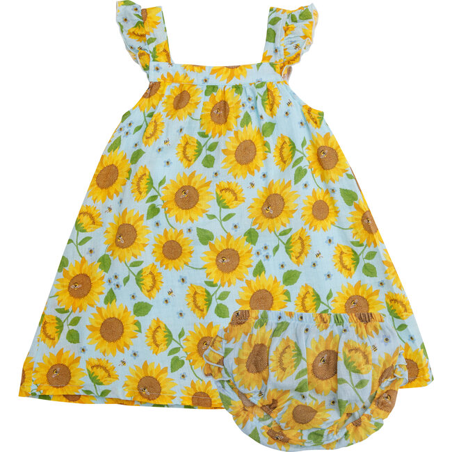 Sunflowers Sundress with Diaper Cover, Light Blue - Dresses - 1