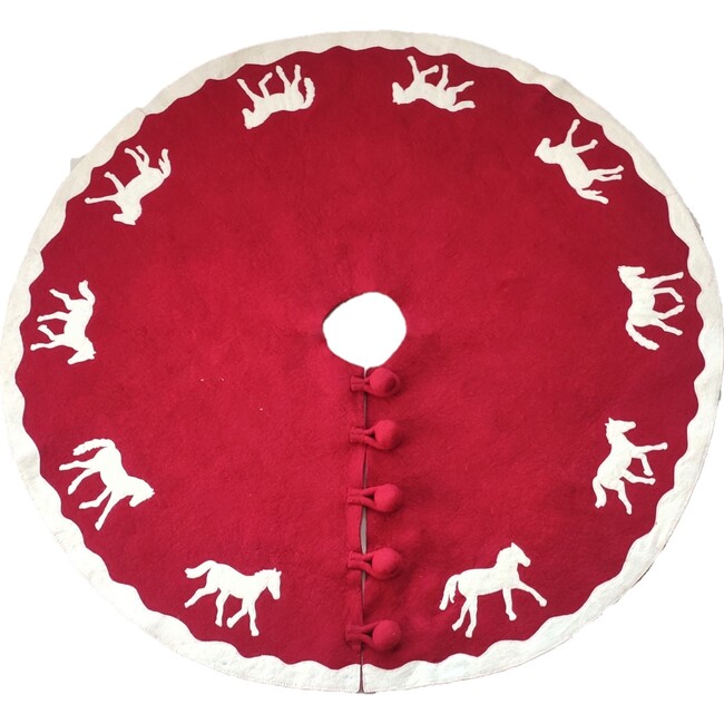 Christmas Tree Skirt in Hand Felted Wool, Horses on Red