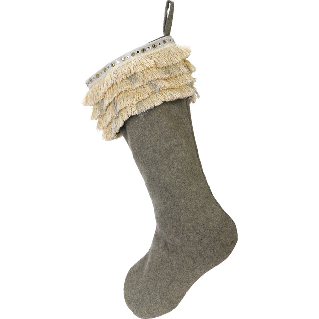Christmas Stocking in Hand Felted Wool, Fringe on Gray