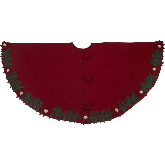 Felt Christmas Tree Skirt, Poinsettia Border on Red