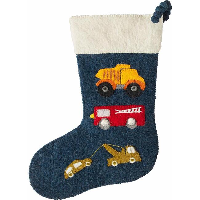 Christmas Stocking in Hand Felted Wool, Trucks on Navy