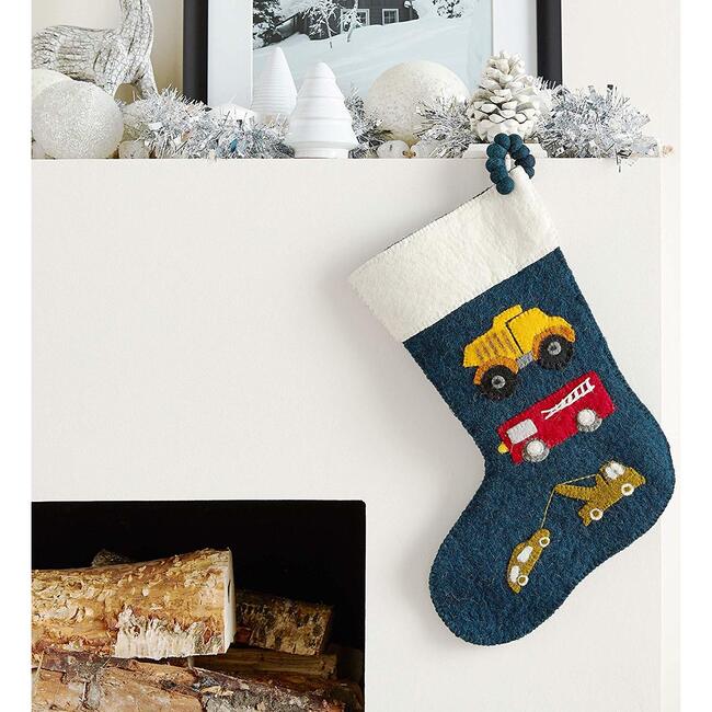 Christmas Stocking in Hand Felted Wool, Trucks on Navy