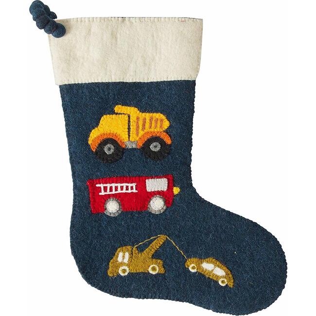 Christmas Stocking in Hand Felted Wool, Trucks on Navy - Stockings - 3