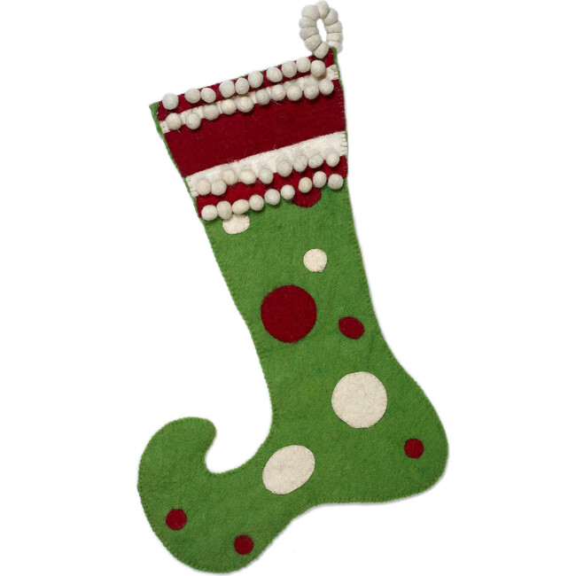 Christmas Stocking in Hand Felted Wool, Green Jester with Red