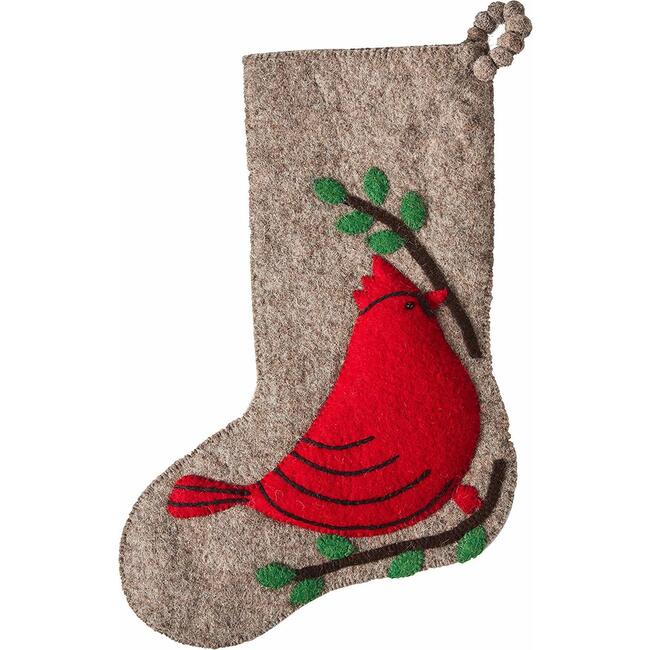 Christmas Stocking in Hand Felted Wool, Cardinal on Gray