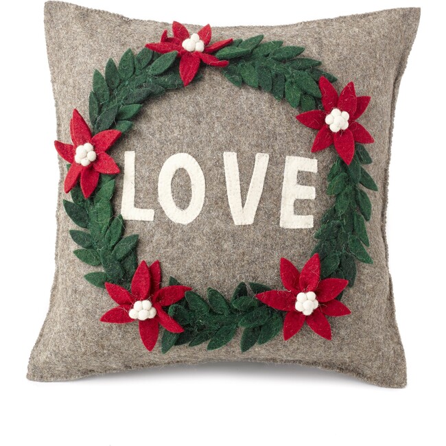Pillow in Hand Felted Wool, Love Wreath on Grey