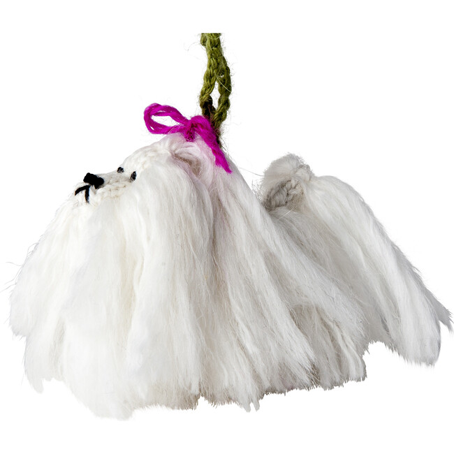 Hand Knit Alpaca Wool Christmas Ornament, Maltese Dog