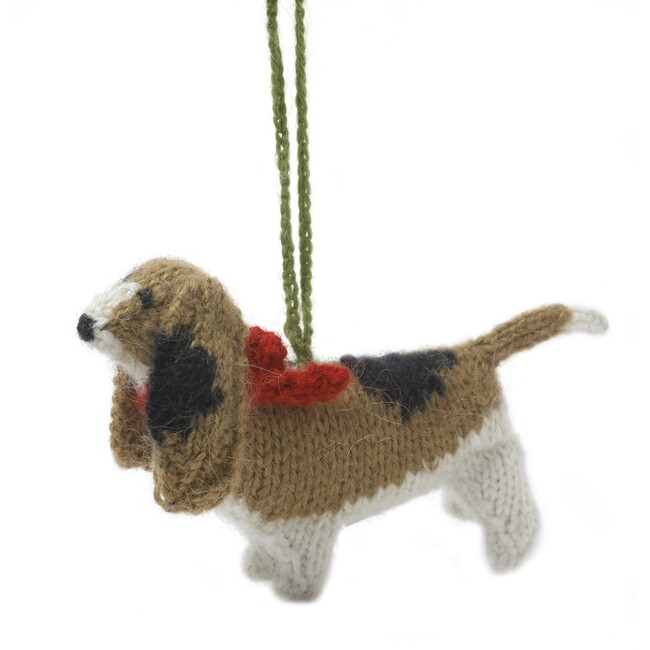 Hand Knit Alpaca Wool Christmas Ornament, Basset Hound Dog