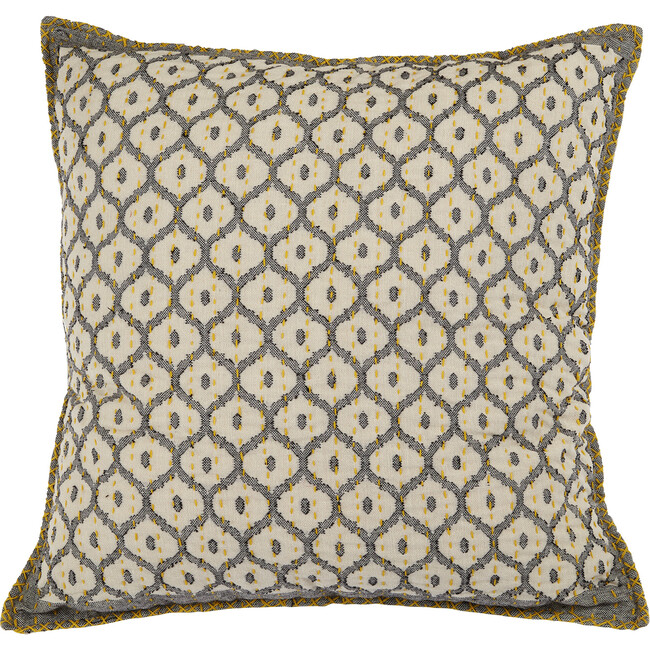 Artisan Hand Loomed Cotton Square Pillow Case, Grey with Yellow Stitching