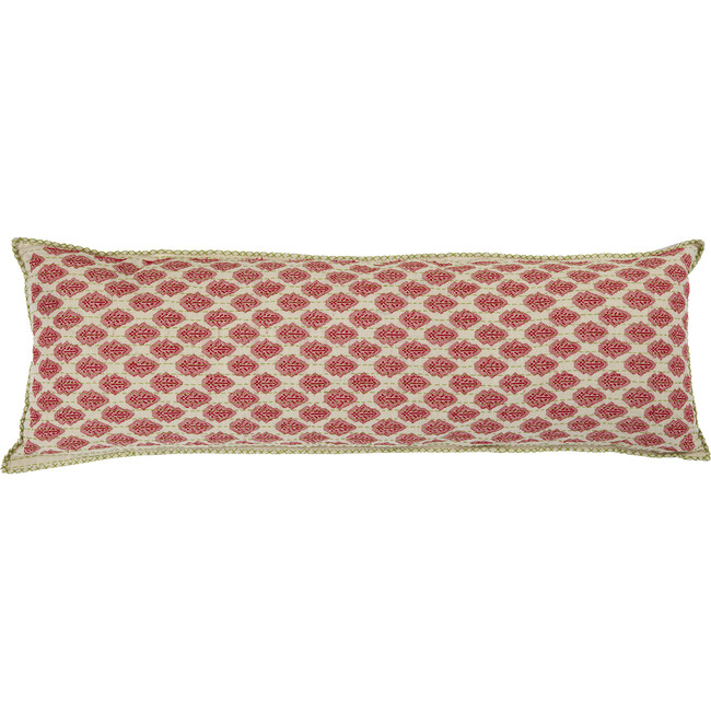 Artisan Hand Loomed Cotton Lumbar Pillow Case, Red with Green Stitching