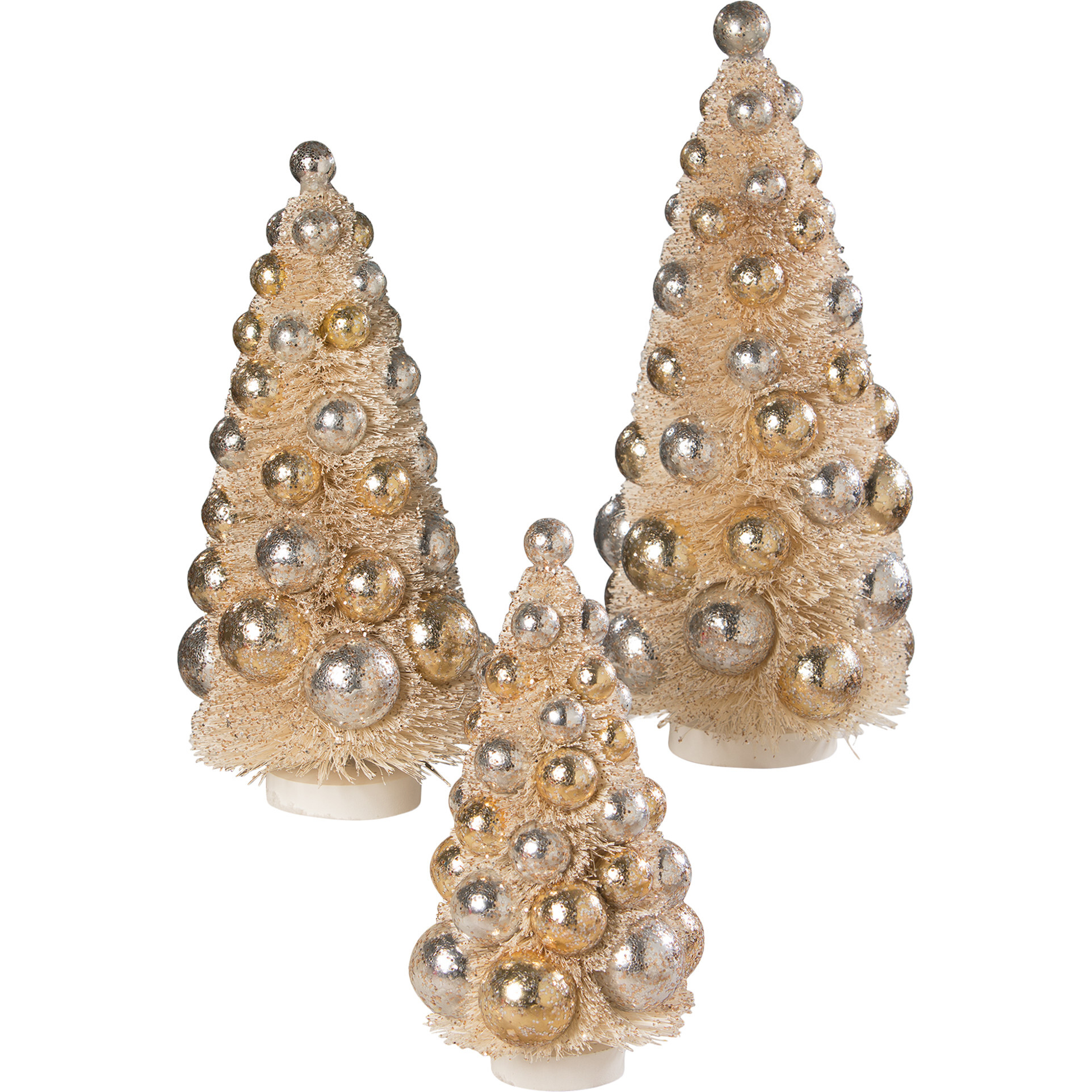 Bethany Lowe Romantic Bottle Brush Set Christmas Ivory Trees with Gold Silver 