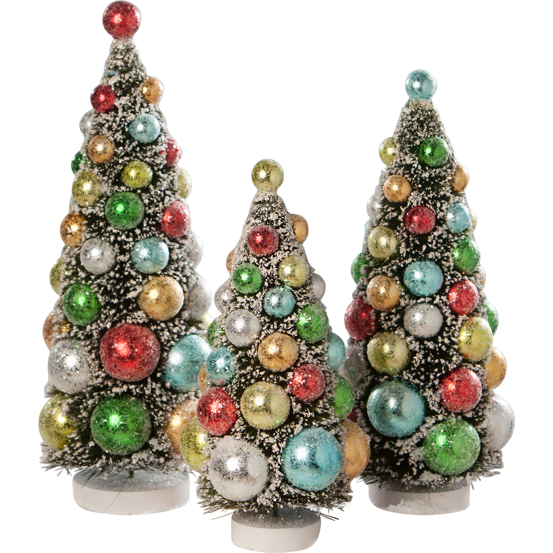 Bethany Traditional Christmas Snow Covered Green Bottle Brush Tree, Set of 3.