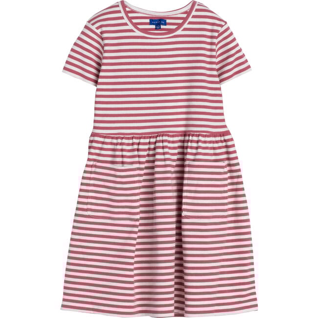 Marla Short Sleeve Ribbed Dress, Darker Dusty Rose Stripe - Dresses - 1