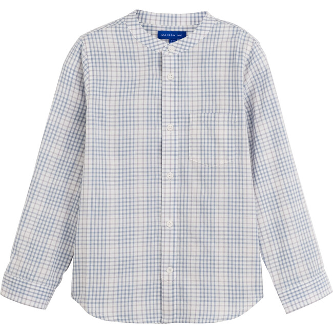 Finn Collarless Button-Down, Light Blue Check - Shirts - 1
