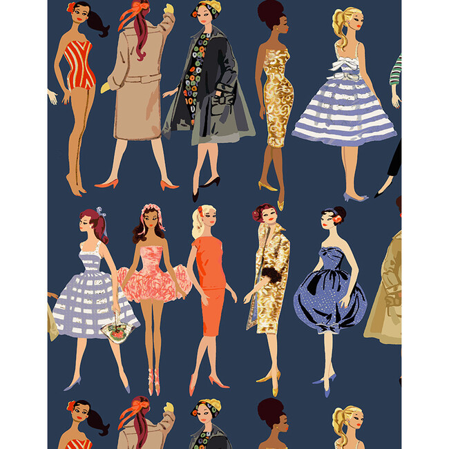 Barbie Vintage Illustration Traditional Wallpaper, Navy - Wallpaper - 3