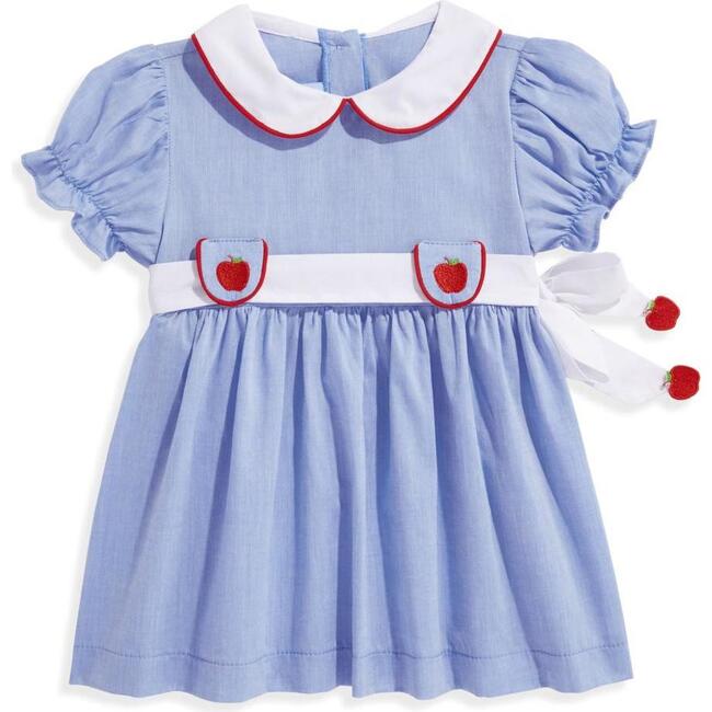 Embroidered Apple Dress, Blue Chambray