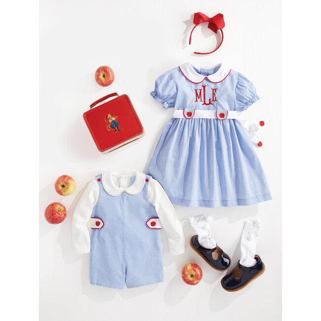 Embroidered Apple Dress, Blue Chambray