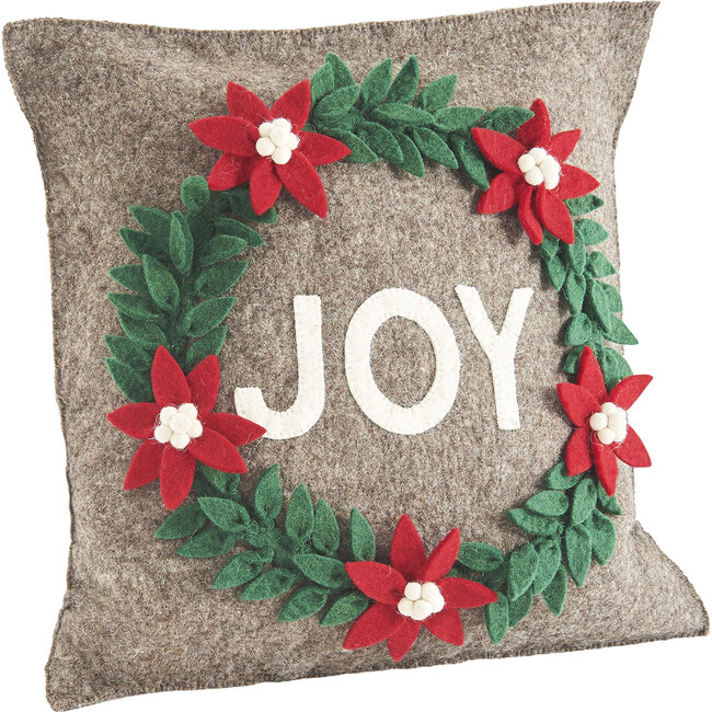 Joy Wreath Pillow Cover, Grey - Decorative Pillows - 1