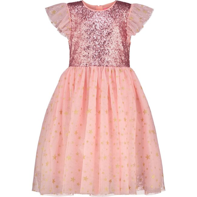 Shimmer Party Dress, Pink Sequin & Star Tulle - Dresses - 1