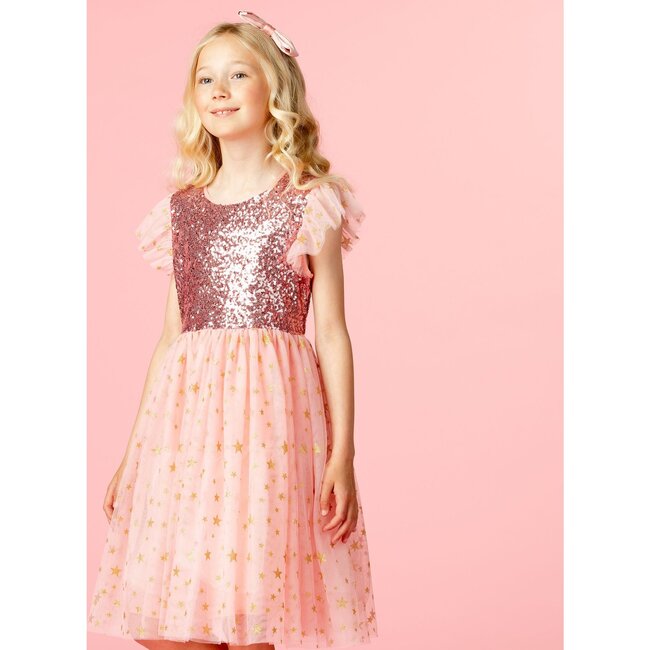Shimmer Party Dress, Pink Sequin & Star Tulle - Dresses - 2
