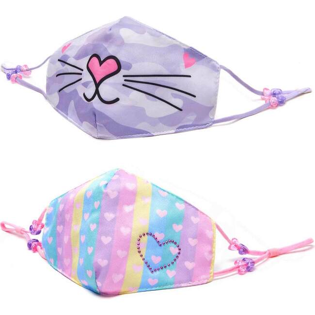 Camo Bella Kitty & Striped Ombre Heart Printed 2pc Face Mask Set