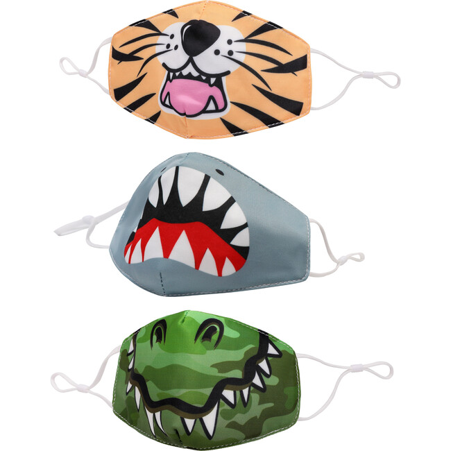Blue Shark Attack, Scary, Tiger Face Printed Face Mask Bundle Set