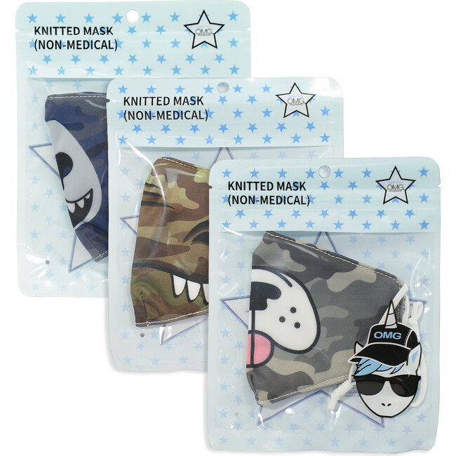 Blue Camo Gator, Puppy & Grizzly Printed Face Mask Bundle Set - Face Masks - 2