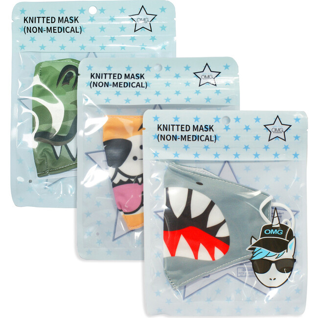 Blue Shark Attack, Scary, Tiger Face Printed Face Mask Bundle Set