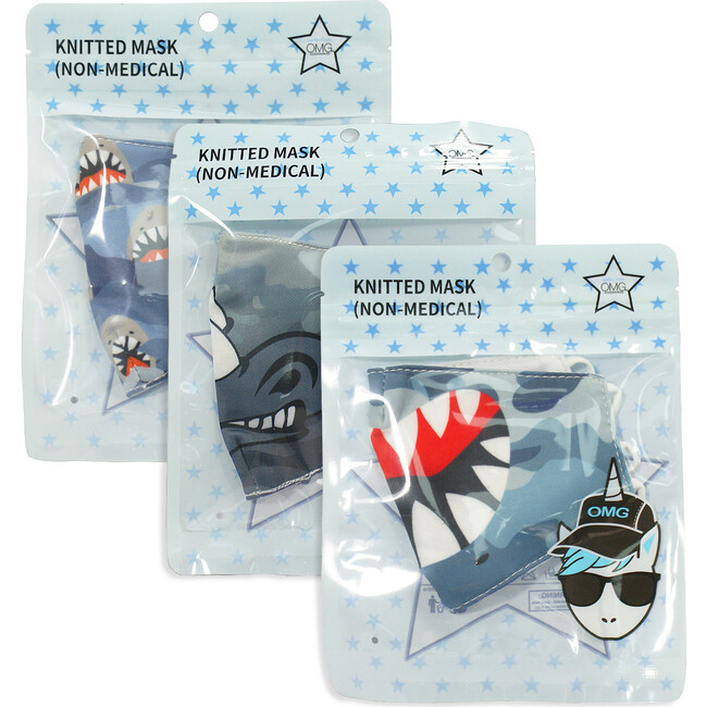 Blue Camo Shark & Rhino Printed Face Mask Bundle Set