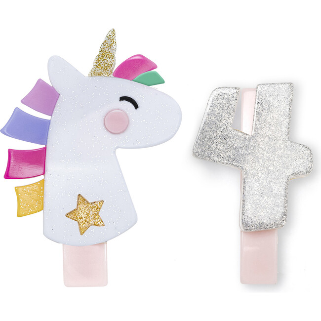 Unicorn Party Number 4 Alligator Clips, White Glitter and Silver