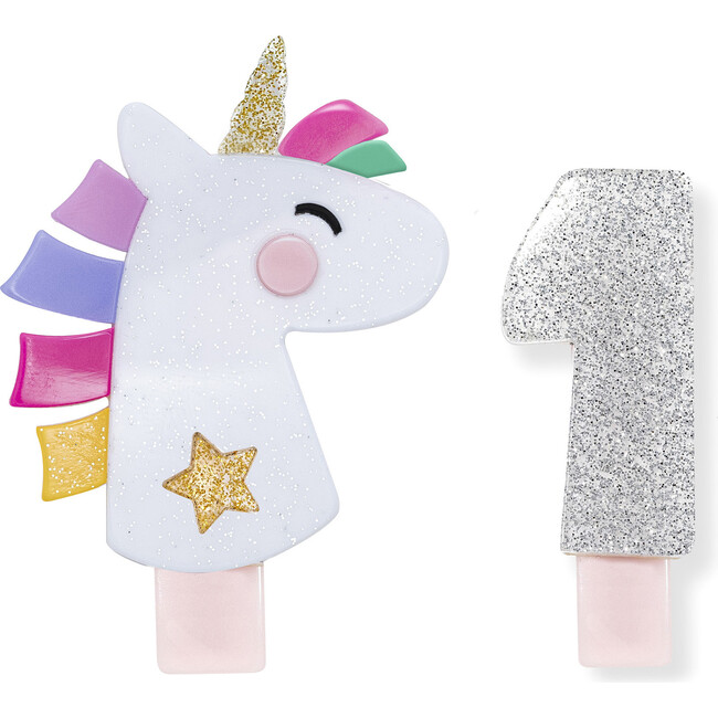 Unicorn Party Number 1 Alligator Clips, White Glitter and Silver