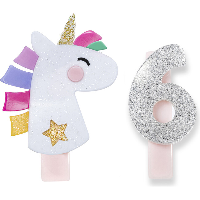 Unicorn Party Number 6 Alligator Clips, White Glitter and Silver