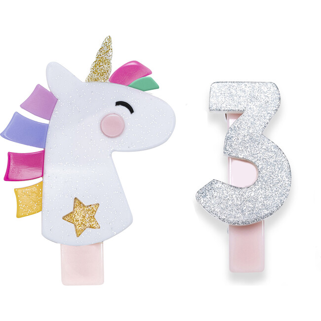 Unicorn Party Number 3 Alligator Clips, White Glitter and Silver