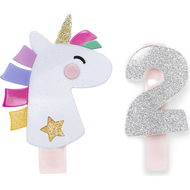 Unicorn Party Number 2 Alligator Clips, White Glitter and Silver - Hair Accessories - 1