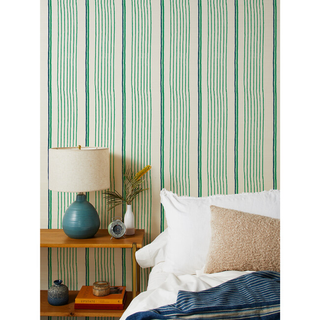 Nathan Turner Two-Tone Stripe Grasscloth Wallpaper, Green/Blue
