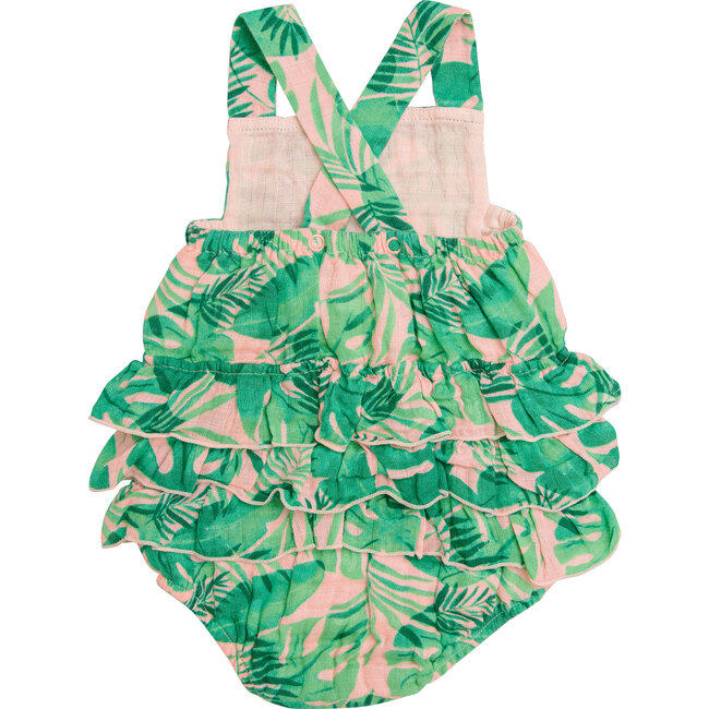 Tropical Leaves, Pink Ruffle Sunsuit, Pink - Rompers - 2