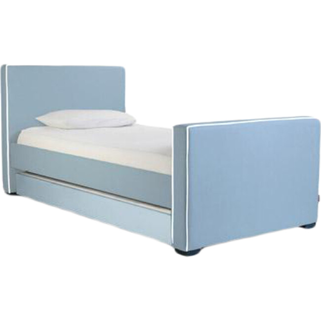 Dorma High Headboard Trundle Bed, Light Blue Microfiber & Walnut Frame - Beds - 1