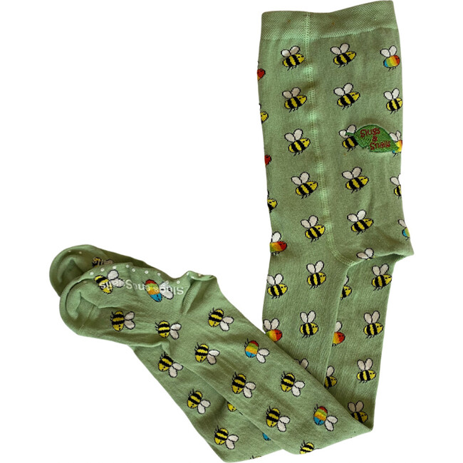 Rainbow Bees Footed Tights, Light Green