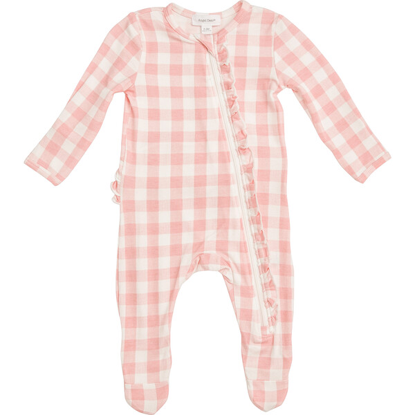 Ruffle Zipper Footie, Pink Gingham - Angel Dear Rompers | Maisonette