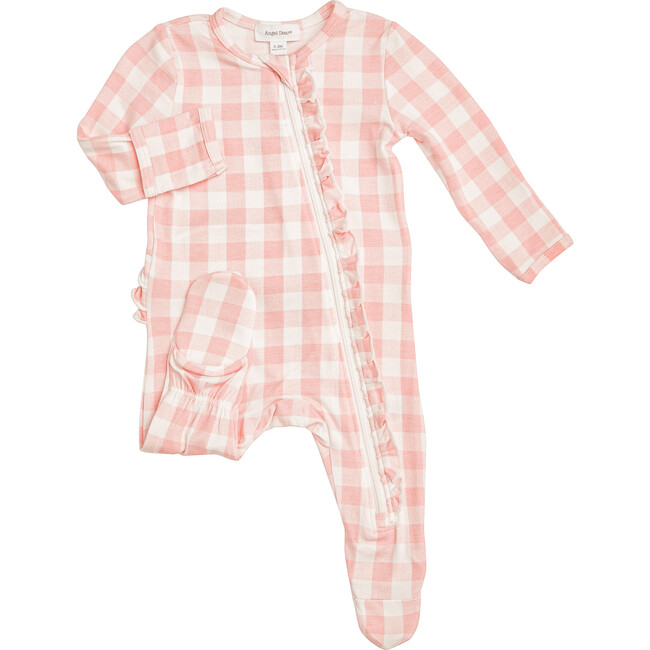 Ruffle Zipper Footie, Pink Gingham - Angel Dear Rompers | Maisonette