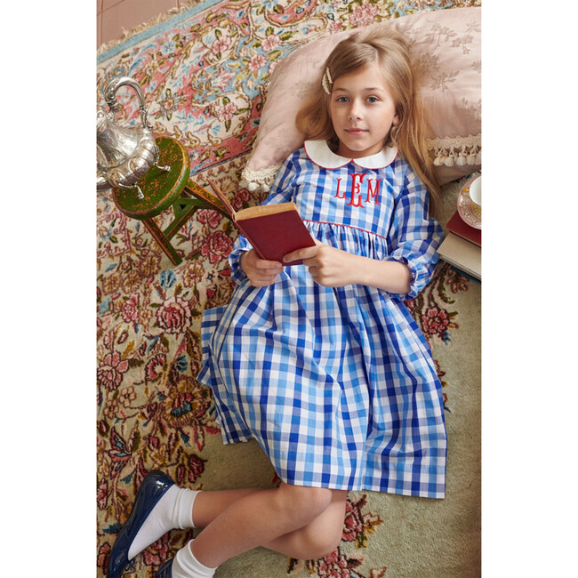 Long Sleeve Peter Pan Dress, Sapphire Check - Dresses - 2