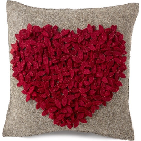 Hand Felted Wool Pillow, Red Heart on Grey - Accents - 1