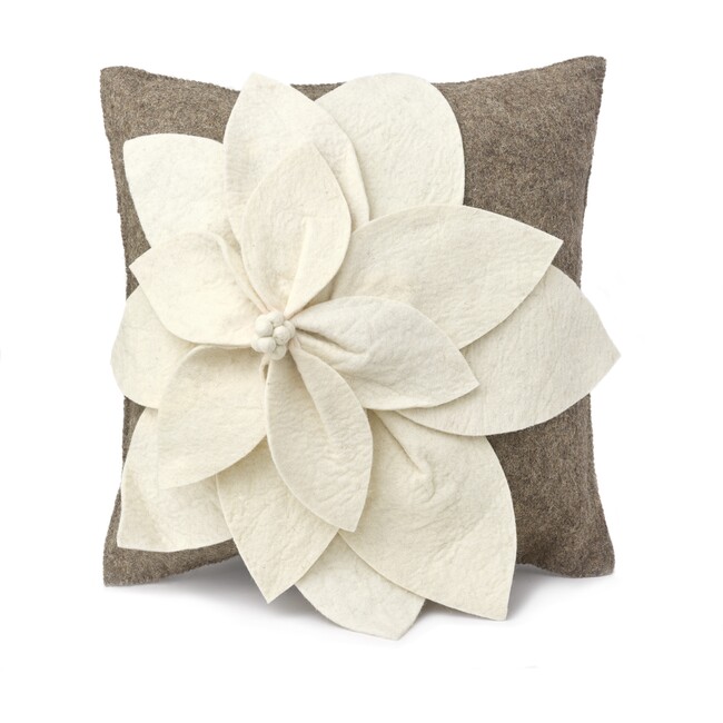 Hand Felted Wool Pillow, 3D Flower on Grey