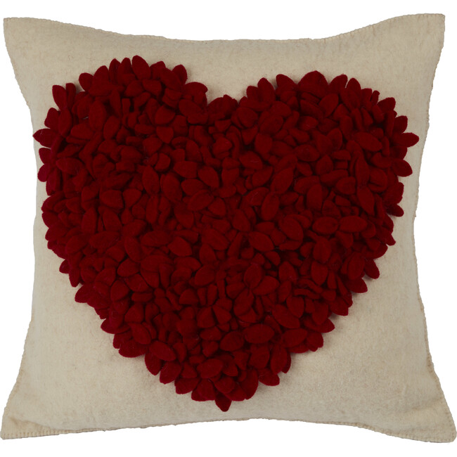 Hand Felted Wool Pillow, Red Heart on Cream